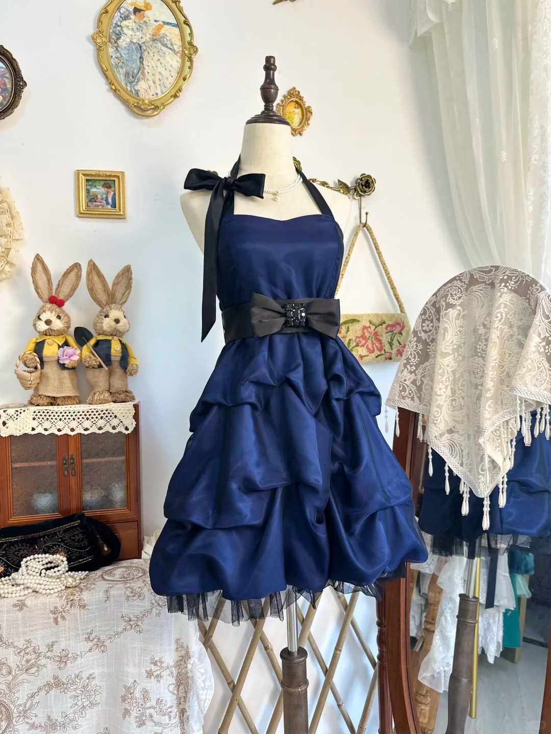 Vintage Blue Halter Satin Pleated Short Homecoming Dress Cocktail Dress Y9473