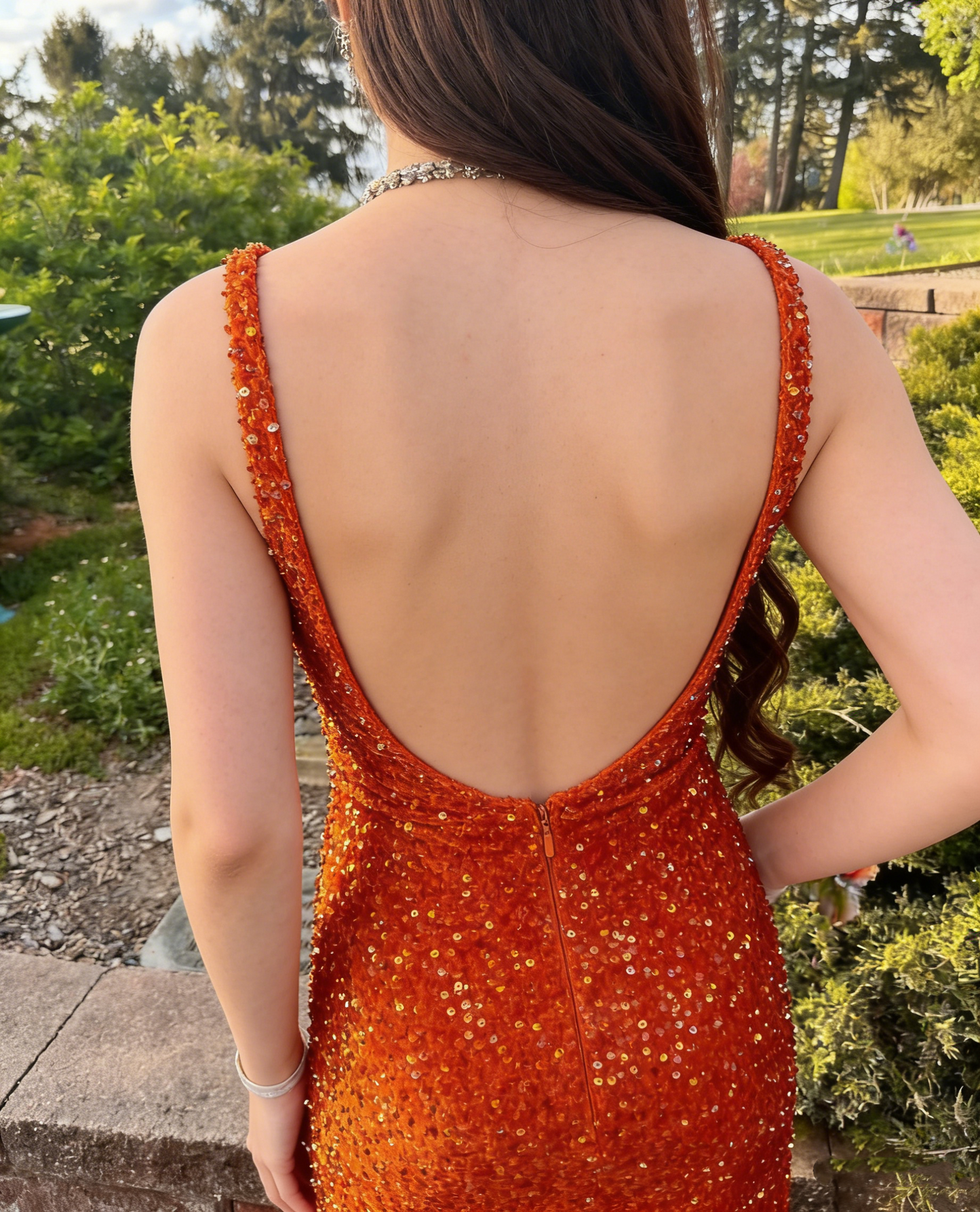 sexy orange sequin mermaid low back prom dress, formal dress,orange open back prom dress Y4338