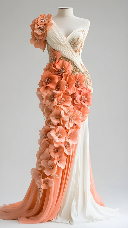 Classy Peony Flower Appliques Chiffon Mermaid Prom Dress Evening Dress Y8567