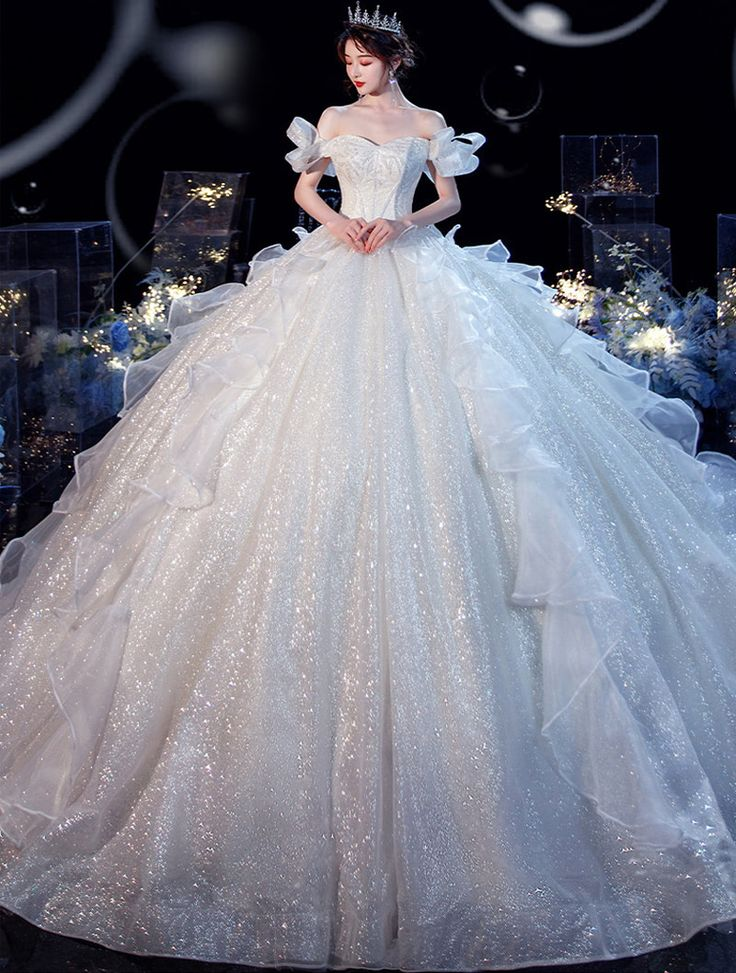 Fairy Romantic Off Shoulder White Wedding Dress Sweep Train Y6878 Simplepromdress Fairy Romantic Off Shoulder White Wedding Dress Sweep Train Y6878 Simplepromdress