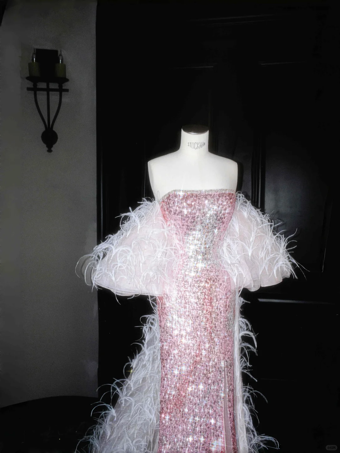 Fairy Pink Strapless Sequins Feathers Mermaid Evening Dress,Slit Prom Dress Y8660