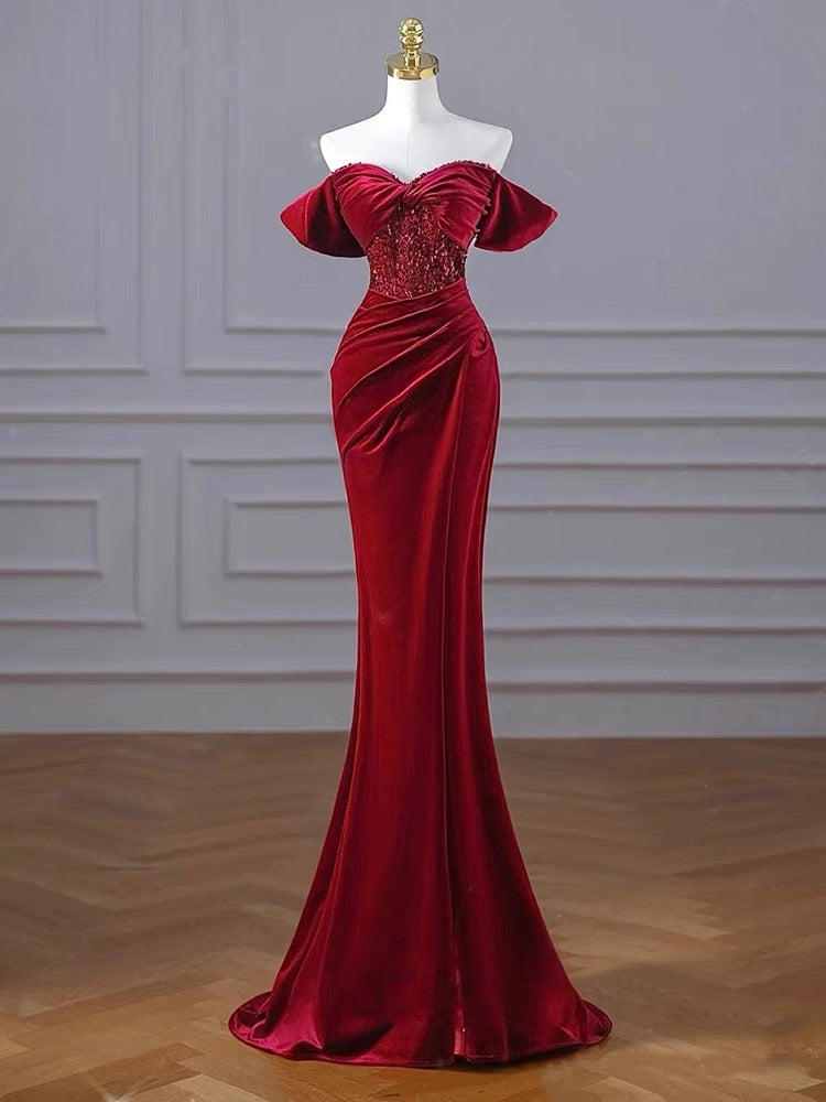 Charming Burgundy Velvet Mermaid Prom Dress Y6602