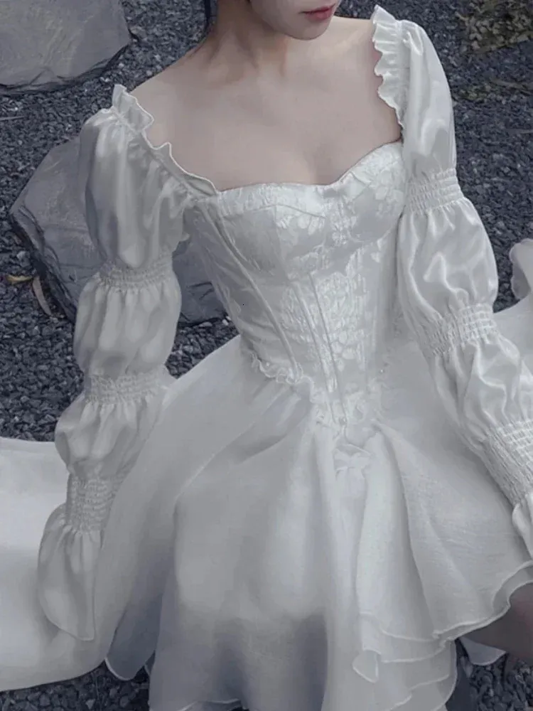 White Tea Break Dress, Romantic Prom Dress,Ruffle Corset Top, Graduation Dress, Flowy Princess Dress Y5384