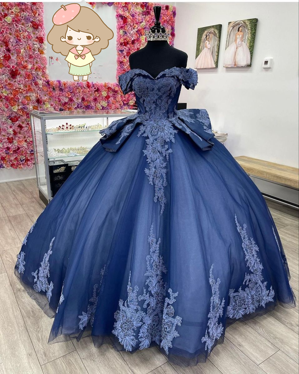 Navy Off The Shoulder Tulle Lace Quinceanera Dress,Navy Blue Ball Gown Sweet 15 Dress Y2985