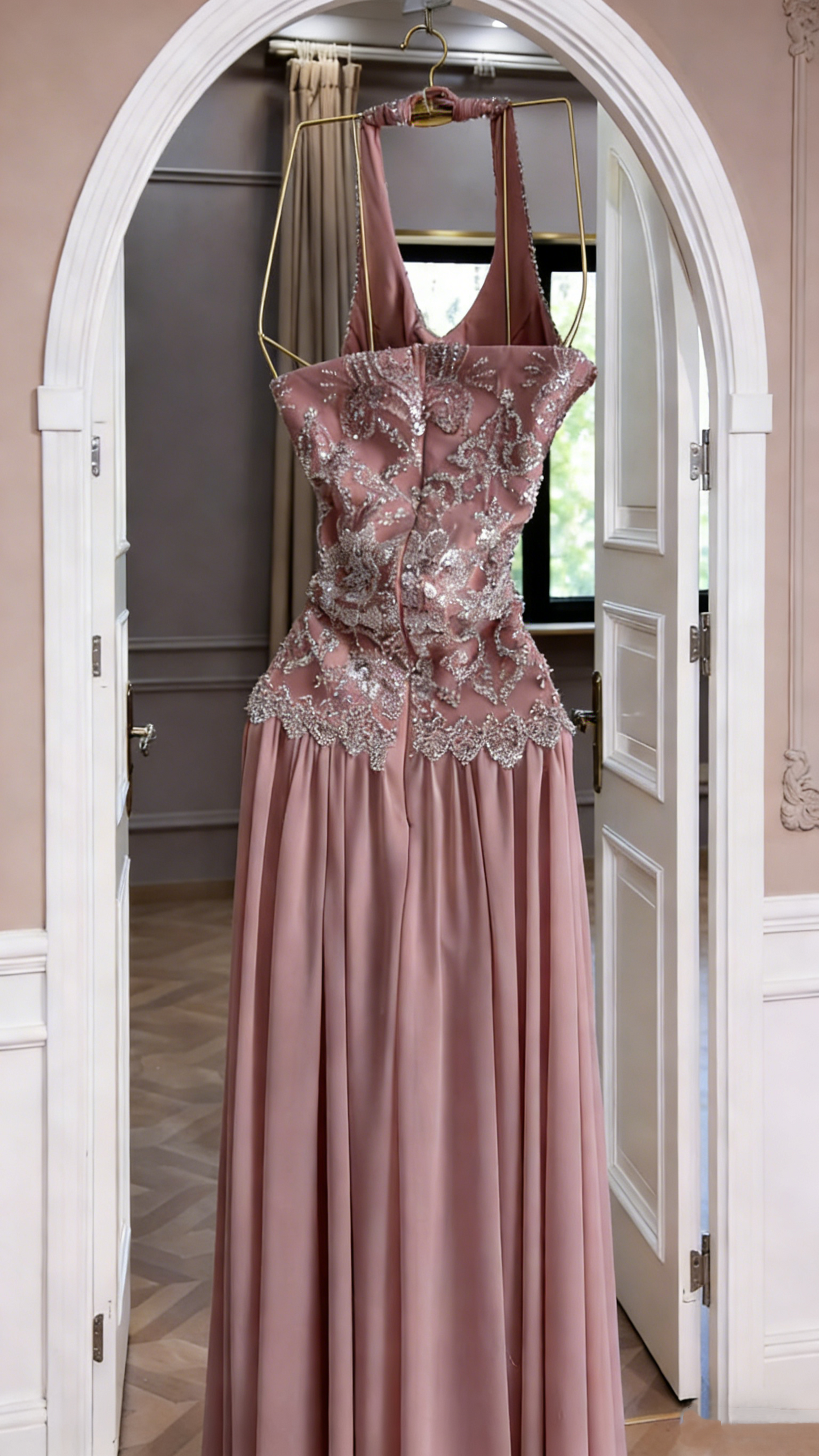 Classy Halter Pink Chiffon Beaded Long Party Dress 18th Birthday Outfits SP1753