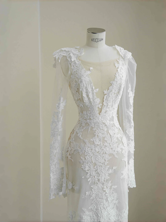 Elegant White Lace Appliques Mermaid Evening Dress,Backless Prom Dress Wedding Dress Y8677