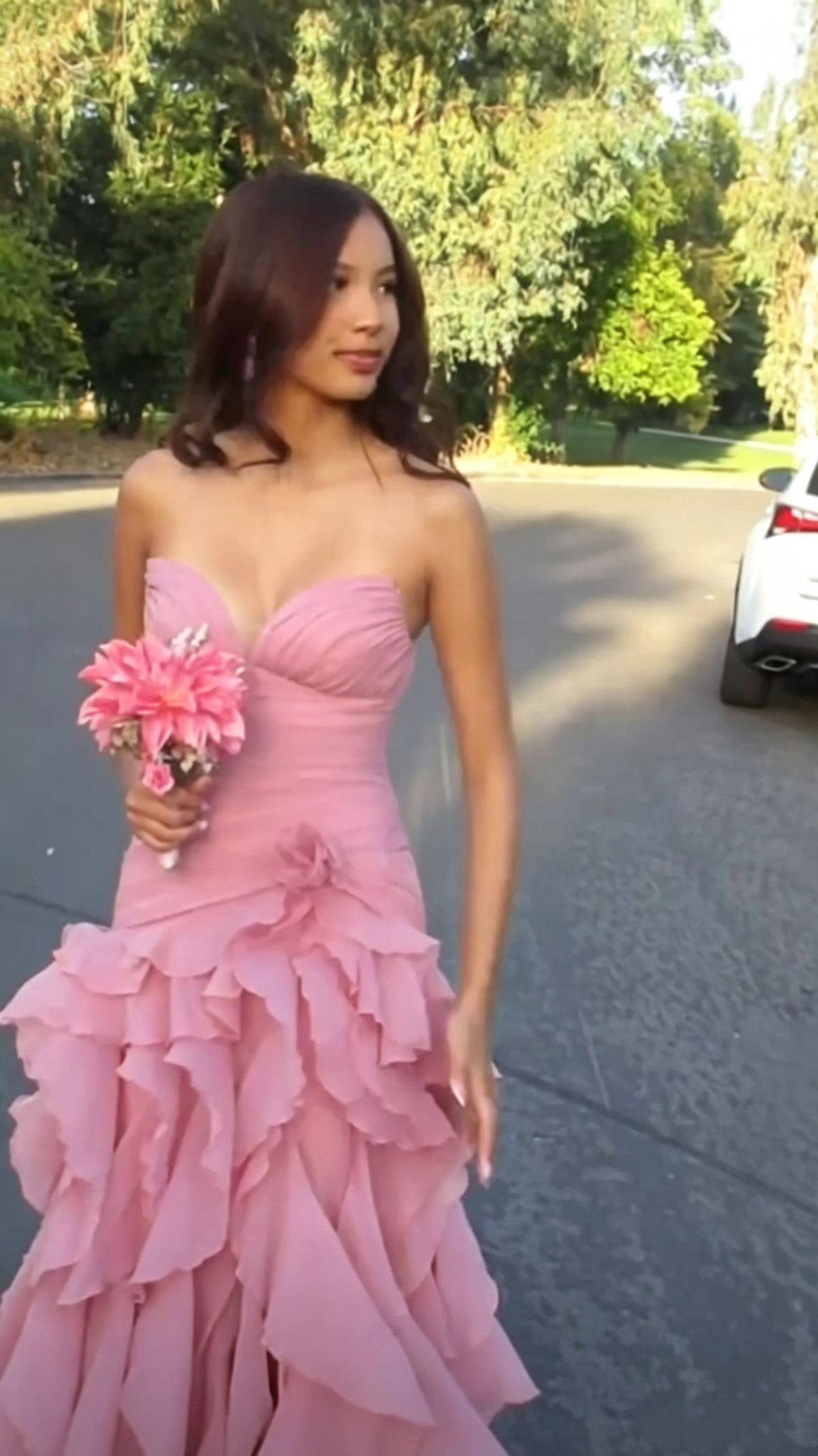 Elegant Pink Strapless Chiffon Ruffled Slit Mermaid Long Party Dress Birthday Prom Dress SP3651