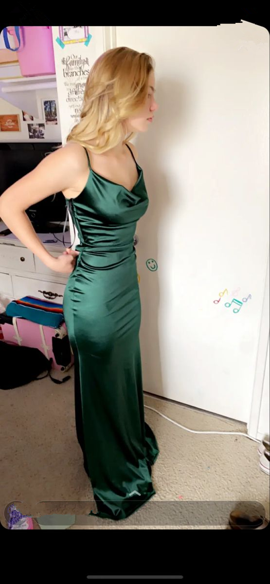 emerald green cowl neck prom dress BABARONI BABARONI Acetate Satin Dark Green Bridesmaid Dresses Cowl Neck Floor-length Spaghetti Straps Pleated with Slit Sheath, Dark Green / US18