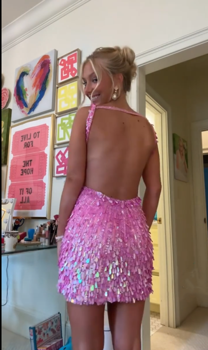 Gorgeous Hot Pink V Neck Sequin Backless Sheath Cocktail Dress Short Formal Homecoming Dress Y9280