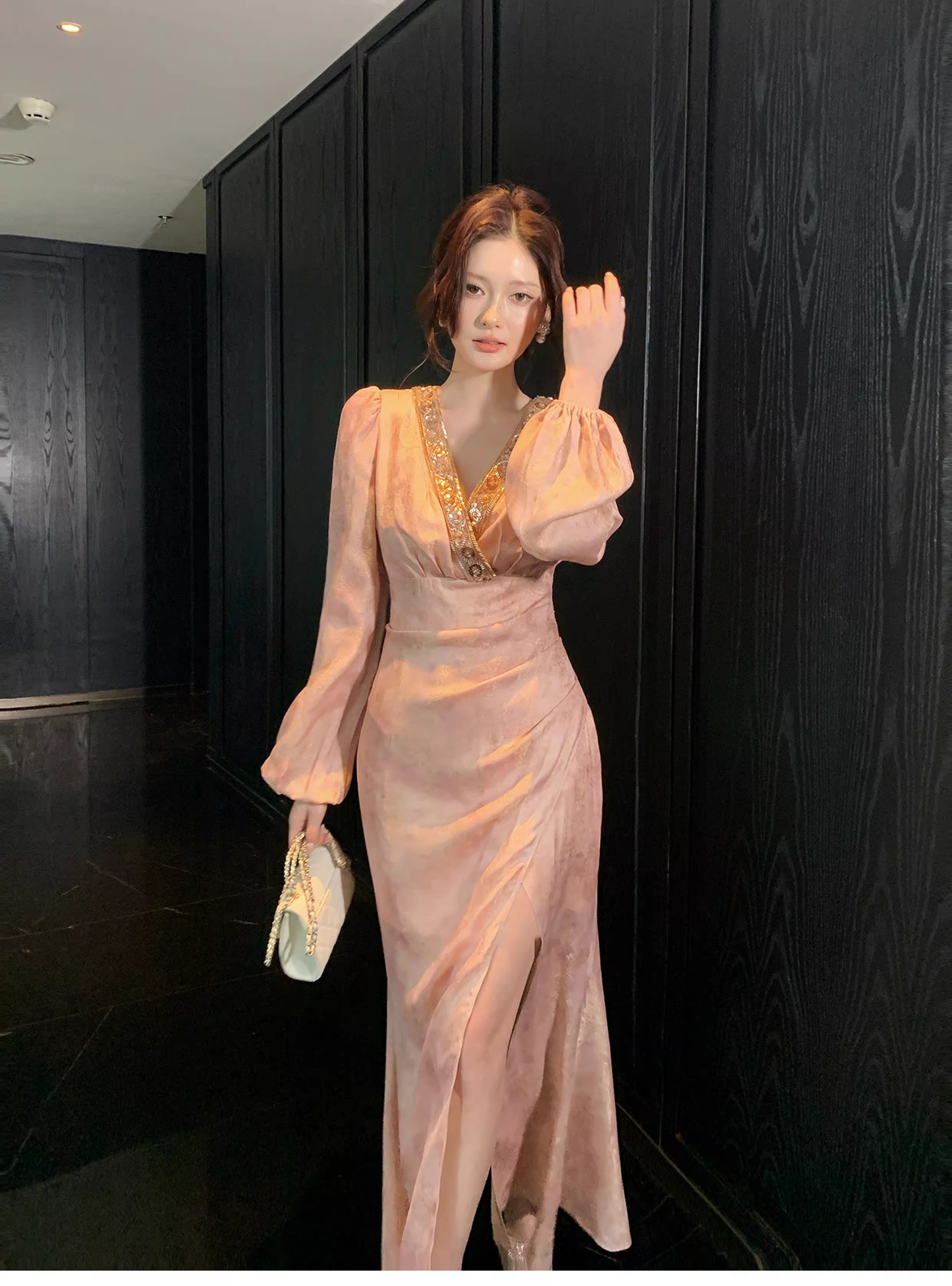 Glamorous V Neck Pink Satin Print Floral Beaded Mermaid Slit Evening Dress Long Birthday Prom Gown SP1542