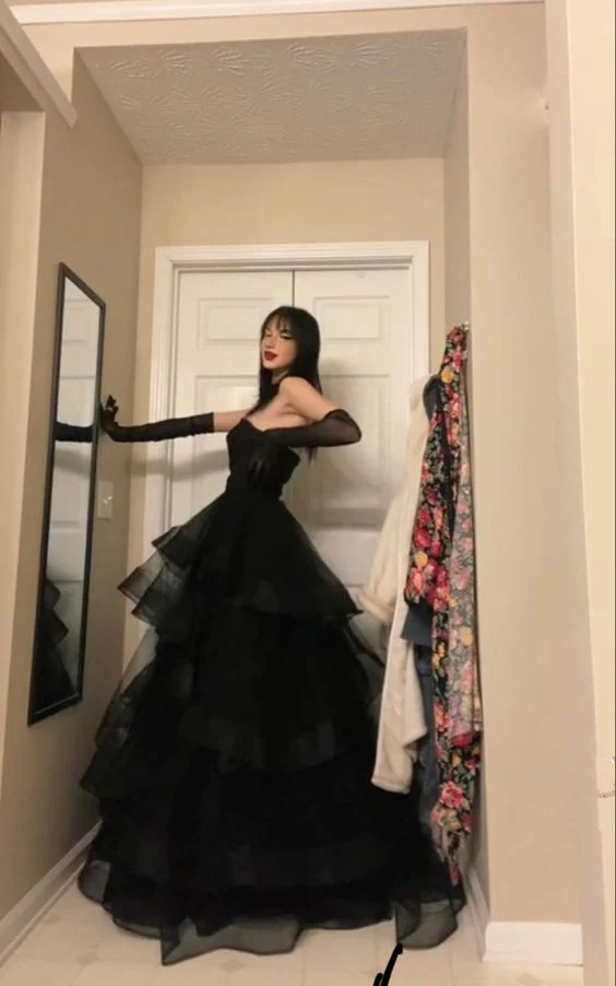 Black Layered Tulle Ruffle Prom Dresses for Women Y1135