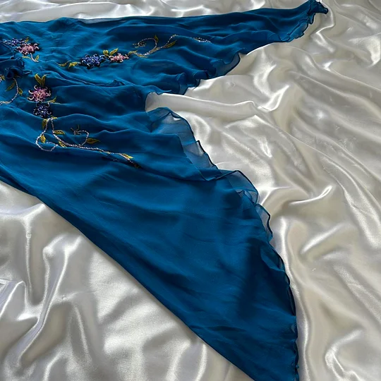 Pretty Halter Blue Chiffon Ruffle Mermaid Evening Dress Long Party Gown Y9745