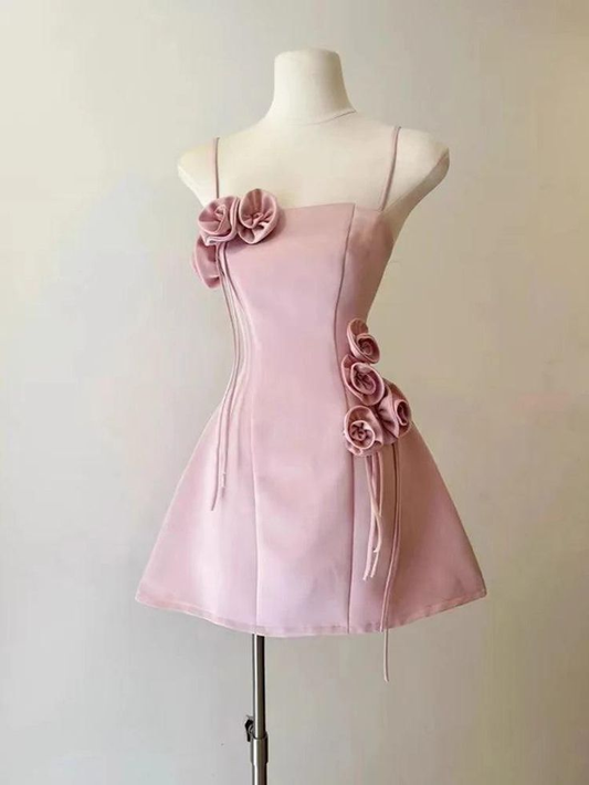 Pink 3D Flower Spaghetti Straps Short Party Dress Homecoming Dress Y8799