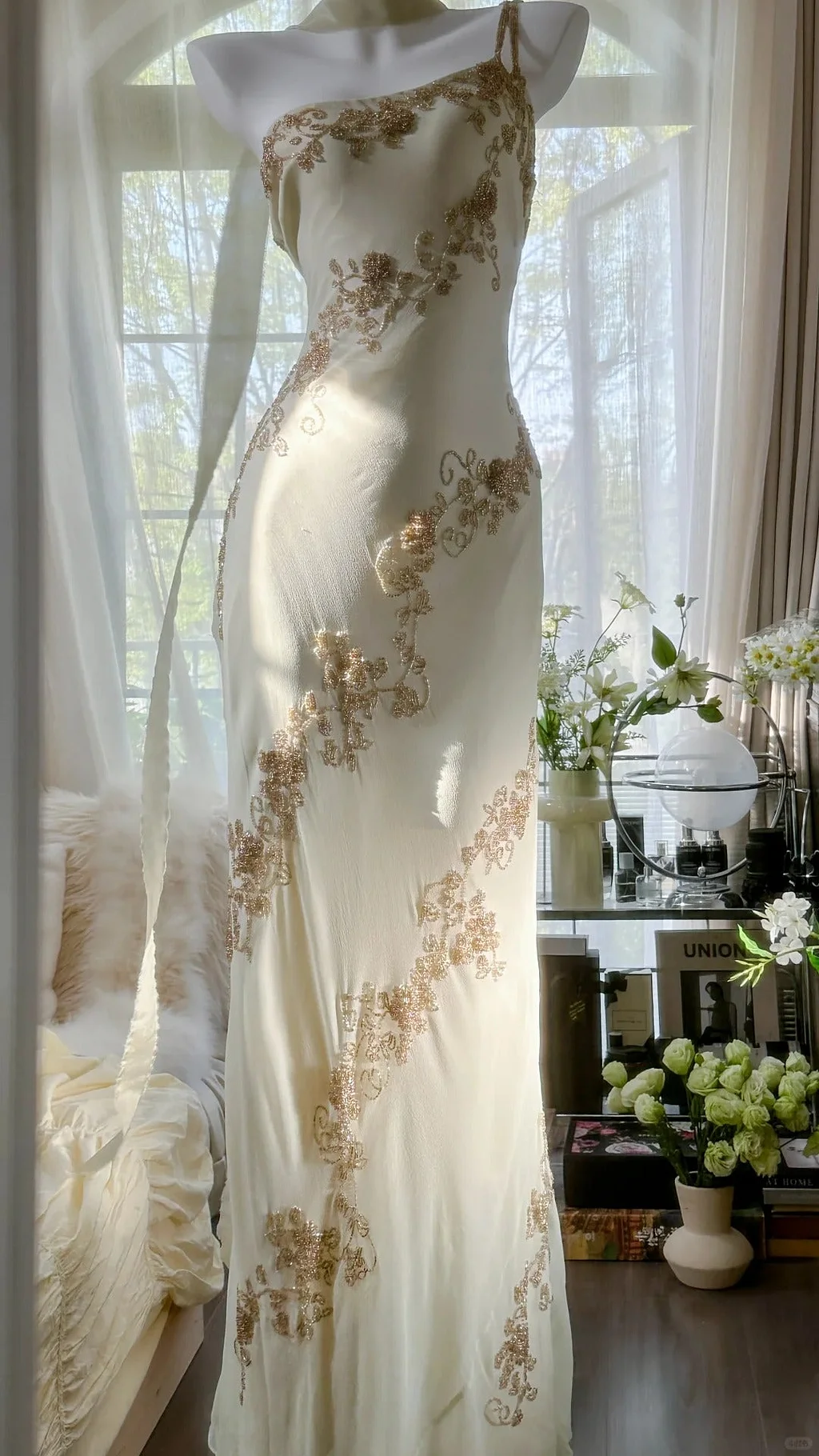 Vintage Ivory White One Shoulder Exquisite Beaded Long Chiffon Birthday Party Dress Evening Dress Prom Dress Y9794