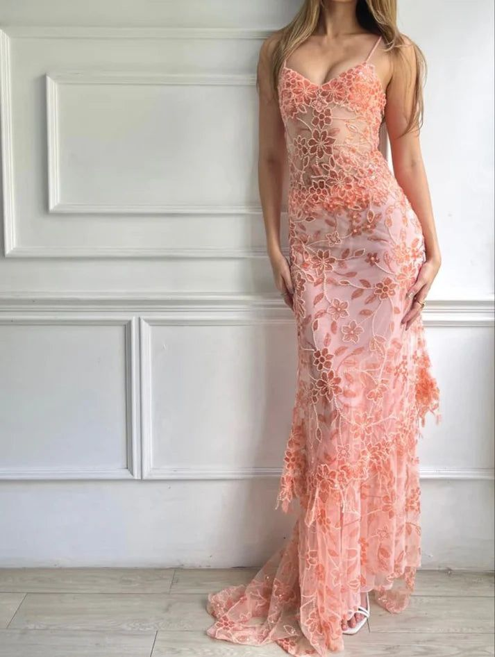 Charming Dragon Fruit Color Lace Spaghetti Straps Birthday Party Dress Prom Dresses SP90