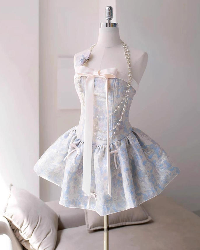 Sweet Pink Strapless Satin Print Floral Short A Line Formal Homecoming Dress Birthday Outfits Y9368