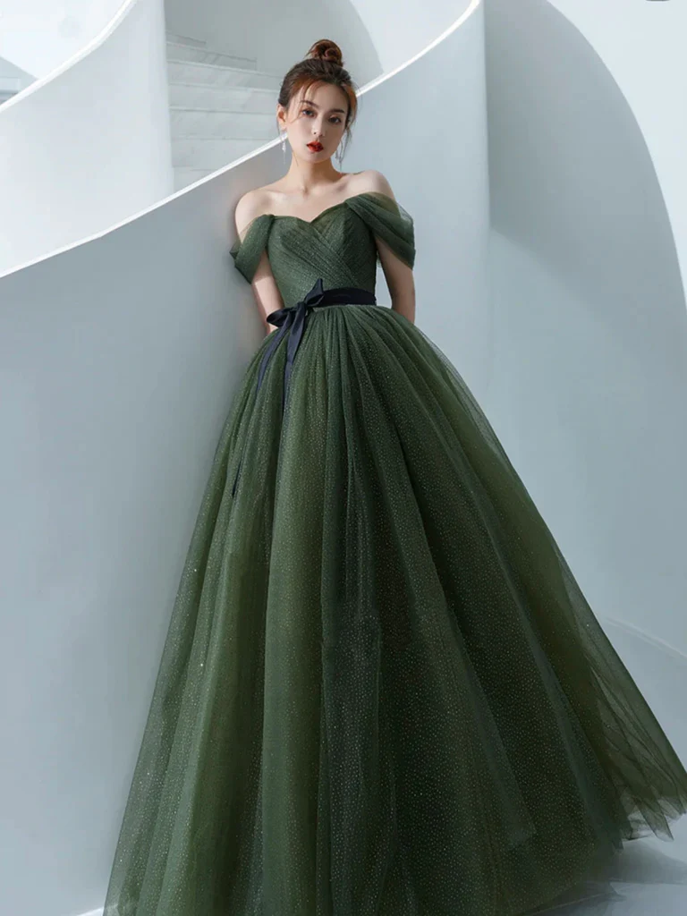 Simple green tulle long prom dress, green tulle evening dress Y1554