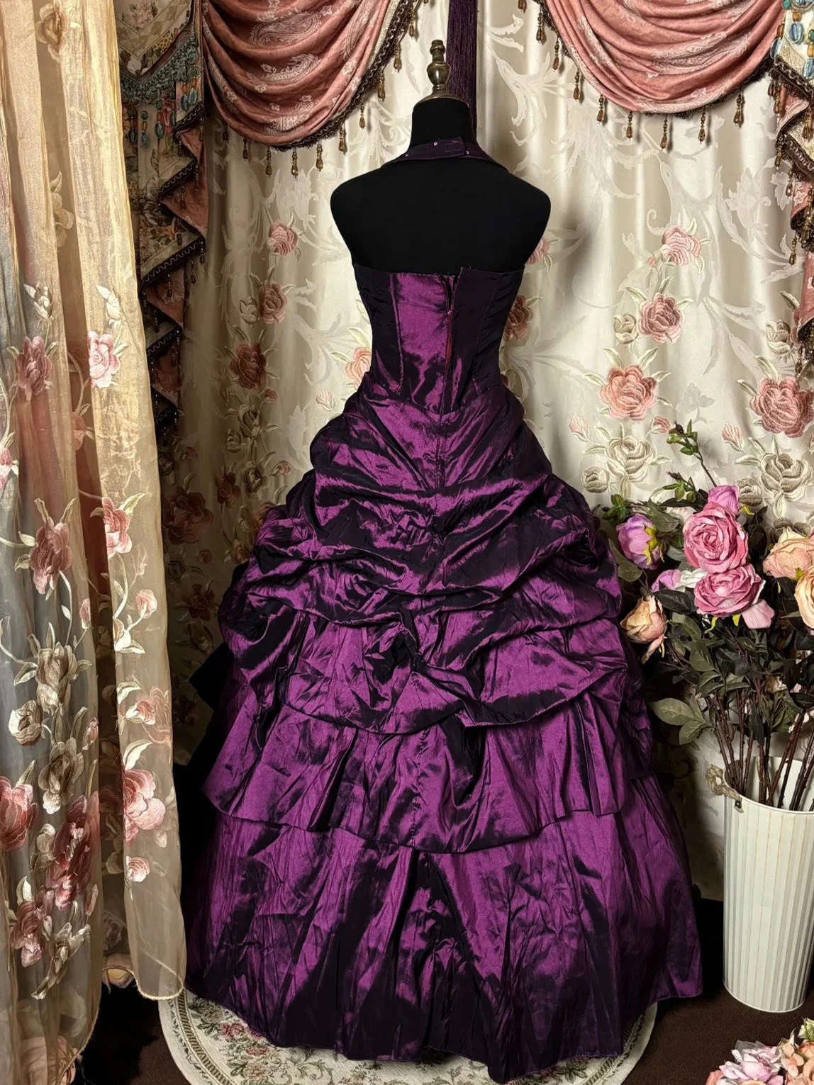 Retro Purple Ball Gown Satin Pleated Beaded Formal Quinceanera Dress SP1388
