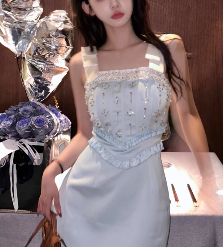Cute Blue Straps Satin Beaded Sheath Short Birthday Outfits Formal Homecoming Dress Y9363