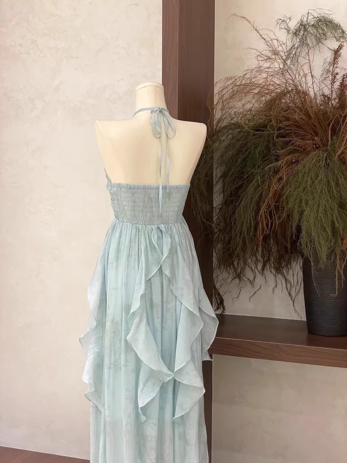 Classy Blue Halter A Line Ruffled Floral Long Party Dress Women's Vacation Dress Y9320