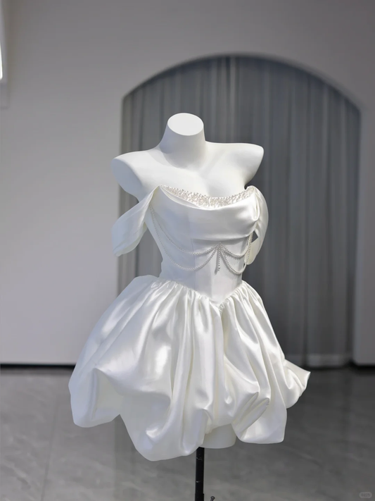 Classy Off The Shoulder White Satin Beaded A Line Short Homecoming Dress Formal Birthday Outfits Y9292