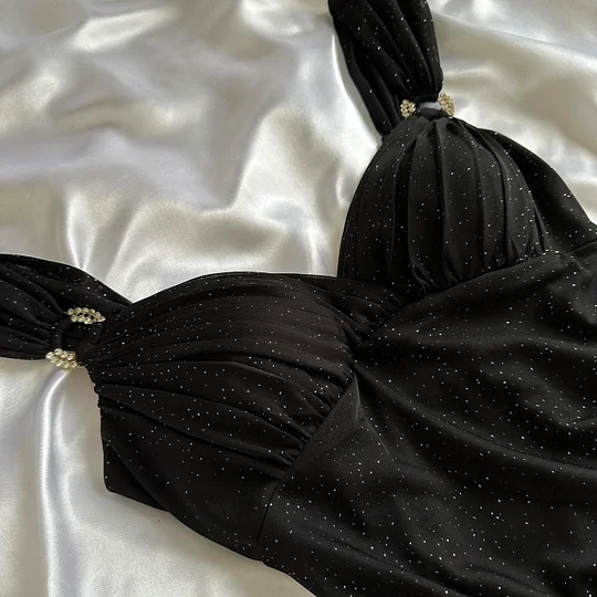 Elegant Black Chiffon Sequin Long Prom Dress Birthday Party Dress Y9738