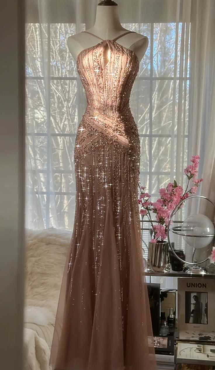 Glitter Blush Pink Spaghetti Straps Mermaid Tulle Sequin Prom Dress Party Dress Y8770