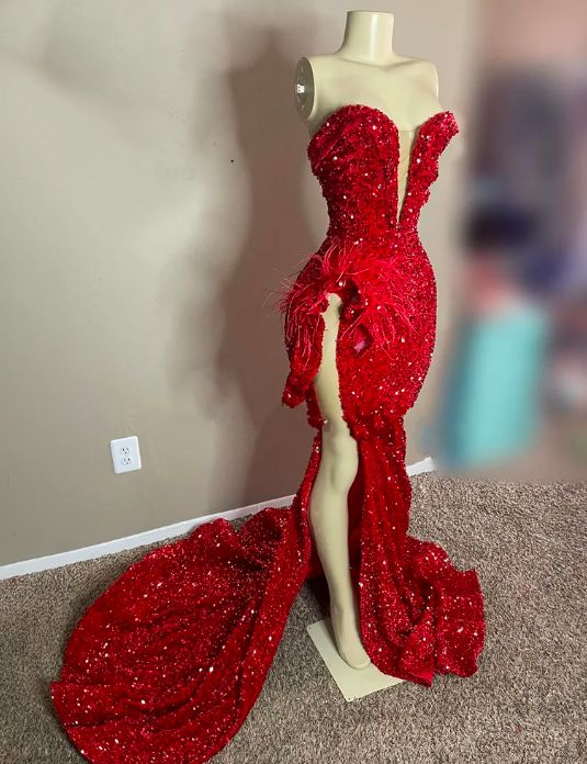 Sparkly Sequined Red Sweetheart Long Prom Dress For Black Girls Feathe Simplepromdress Sparkly Sequined Red Sweetheart Long Prom Dress For Black Girls Feathe Simplepromdress
