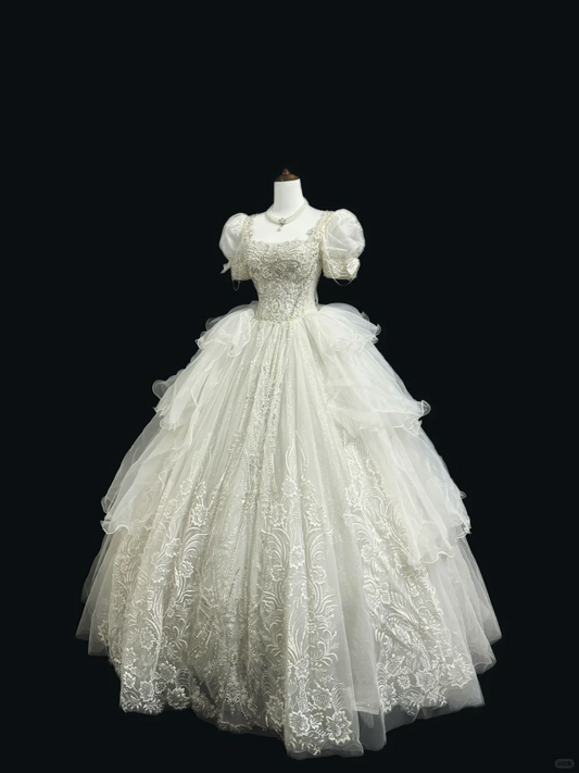 Sparkly Off The Shoulder White Tulle Lace Beaded Long Wedding Dress Bridal Gowns SP2216