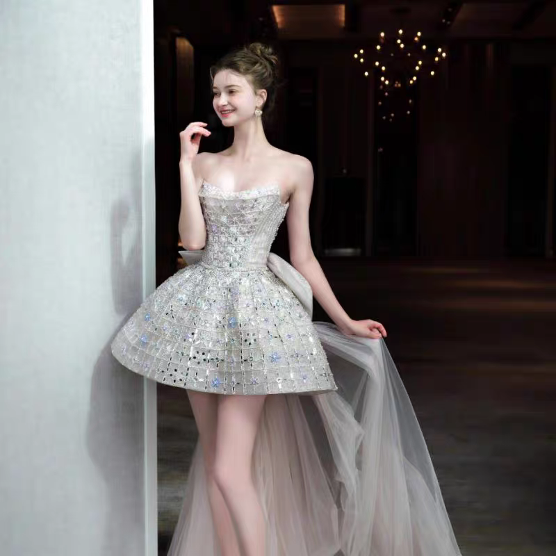 Pretty Strapless Pink Tulle Beaded Mini Birthday Dress Short Homecoming Dress With Bow Y9317