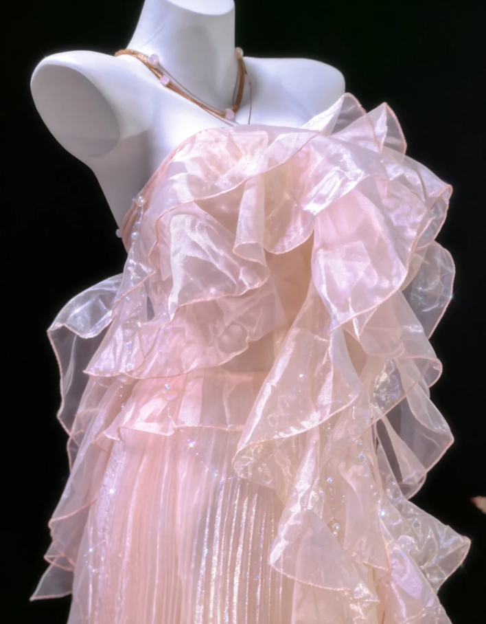 Classy Strapless Pink Tulle Pleated Ruffles Mermaid Long Prom Dress Party Dress Birthday Evening Dress SP1488