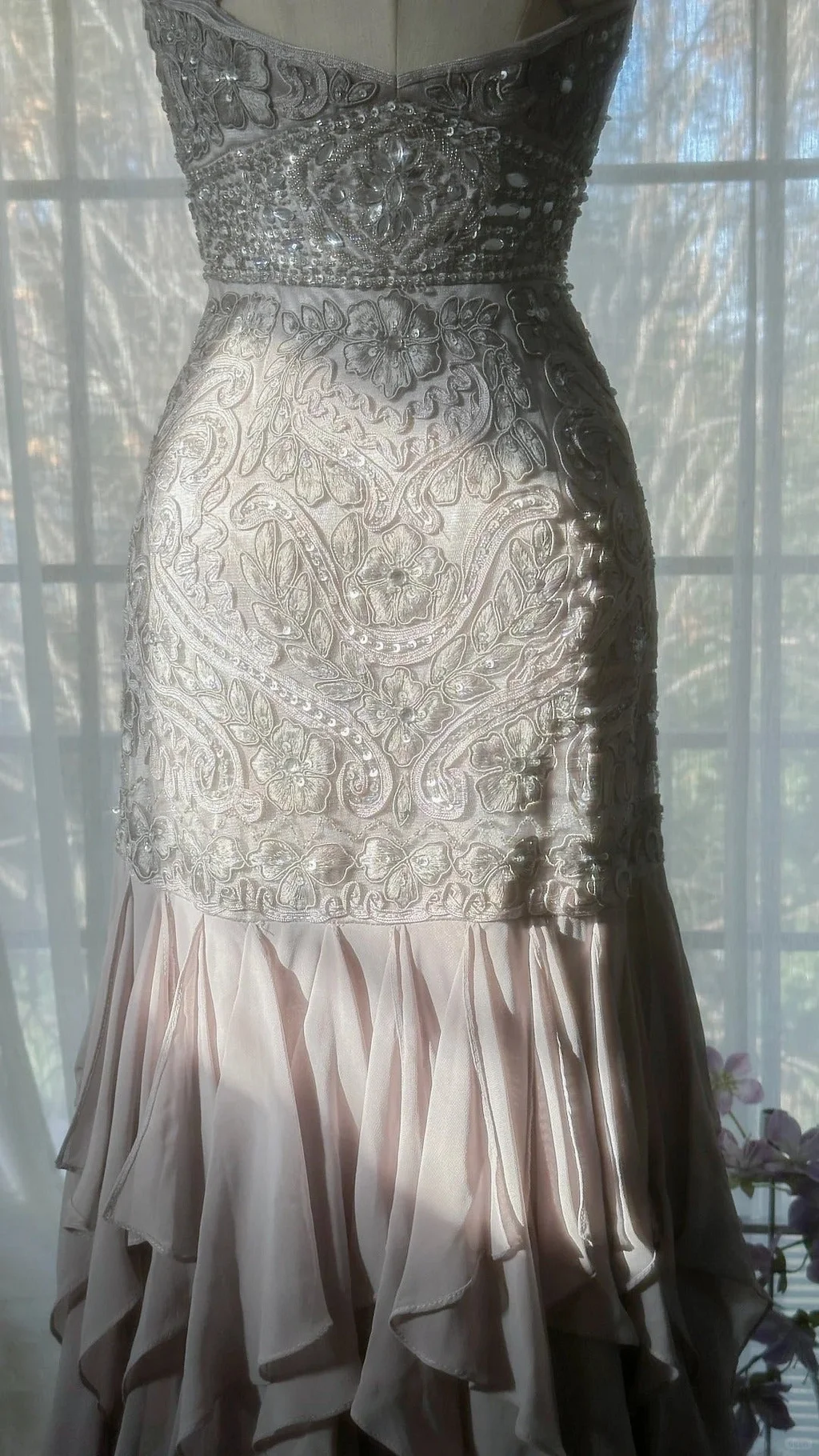 Purple Romantic Beaded Lace Long Chiffon Ruffles Evening Gown Formal Prom Dress Birthday Party Dress Y9791