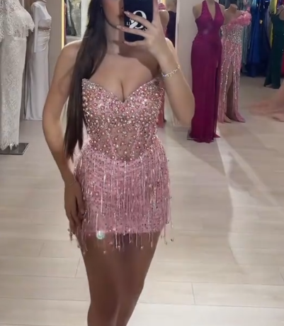 Gorgeous Strapless Sequin Beaded Sheath Cocktail Dress Pink Formal Short Homecoming Dress Birthday Dress Y9784