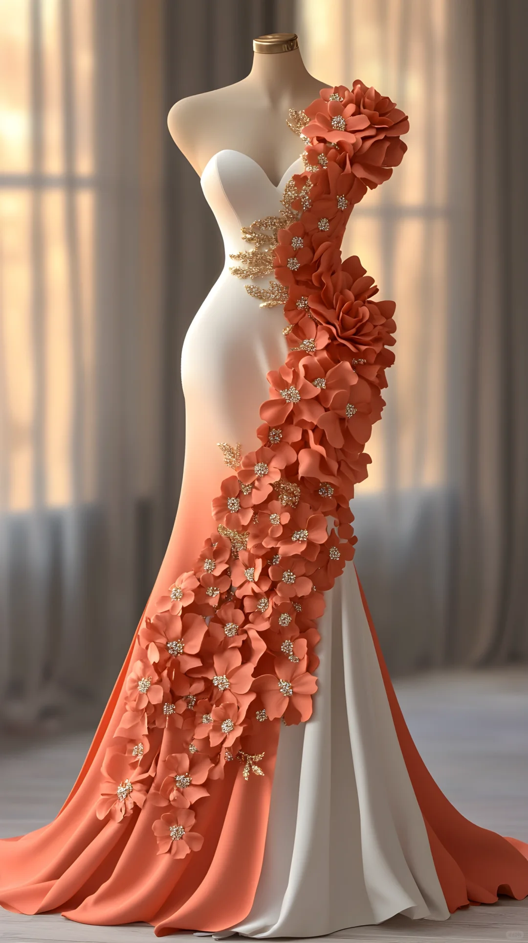 Classy Peony Flower Appliques Chiffon Mermaid Prom Dress Evening Dress Y8567