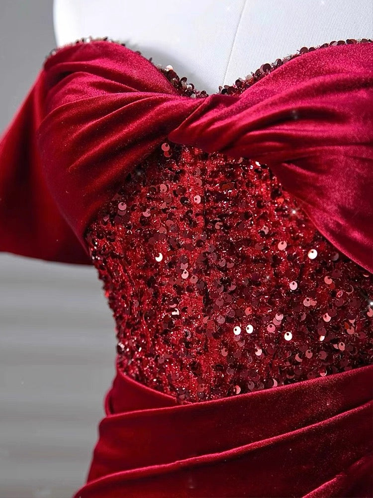 Charming Burgundy Velvet Mermaid Prom Dress Y6602