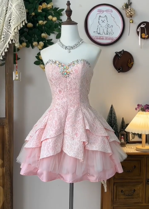 Classy Pink Satin Lace Beaded Birthday Outfits Strapless A Line Homecoming Dress Cocktail Dress Y8969