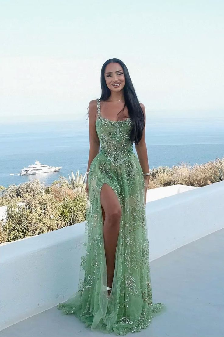 Glamorous Spaghetti Straps Green Tulle Beaded High Slit Evening Dress Prom Gown SP736