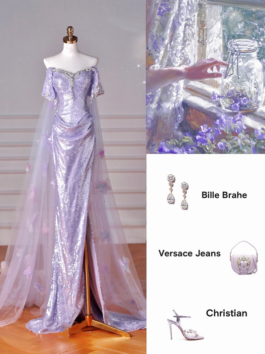 Glitter Lilac Sequin Tulle Beaded Mermaid Slit Evening Dress,Off The Shoulder Tulle Appliques Prom Dress Y8632