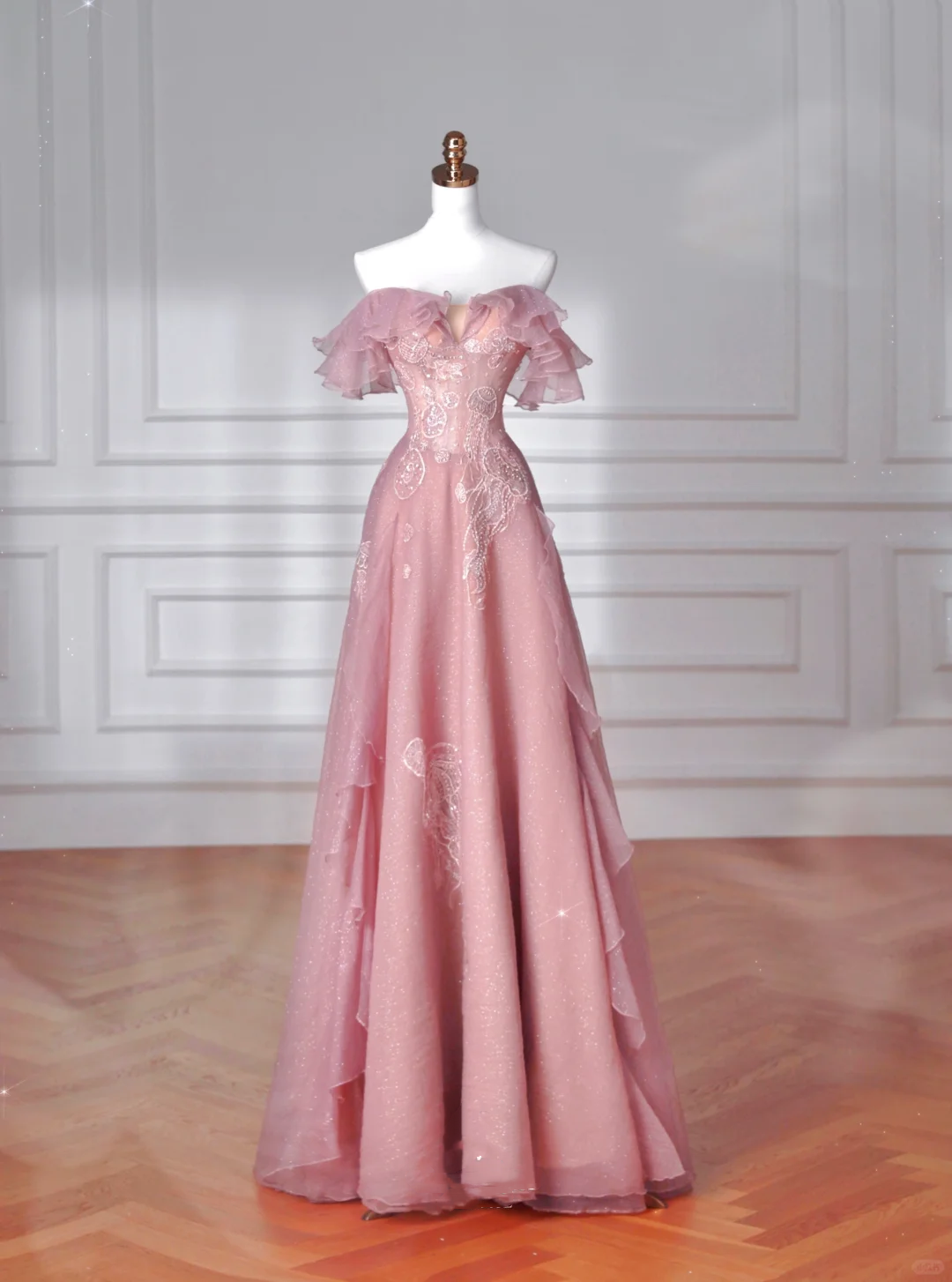 Sweet Pink Tulle Sequins Beaded A Line Prom Dress,Off The Shoulder Long Evening Dress Y8643