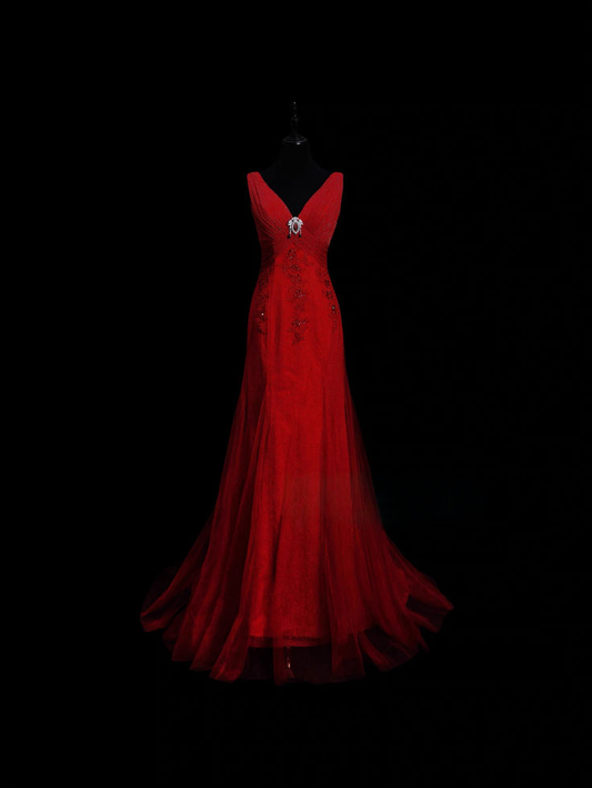 Classy V Neck Red Satin Tulle Long Mermaid Evening Dress Prom Dress SP130