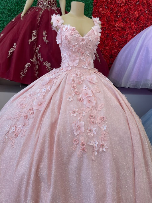 Glitter V Neck Pink Ball Gown with Floral Lace Y2696