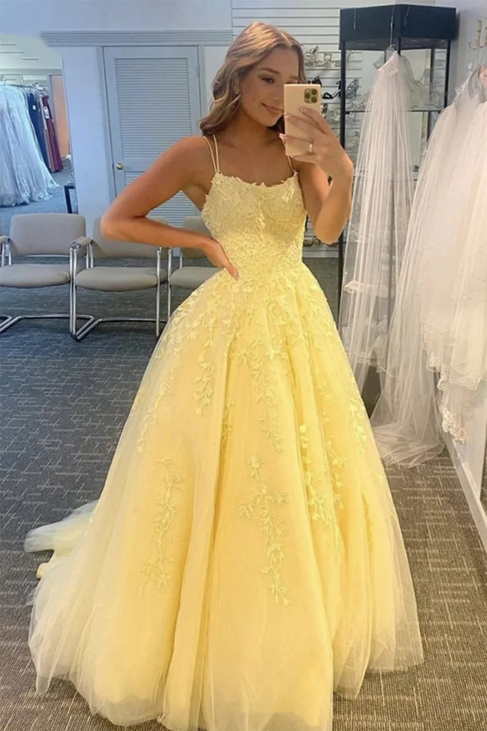 Tulle prom dresses yellow ball gown S7003