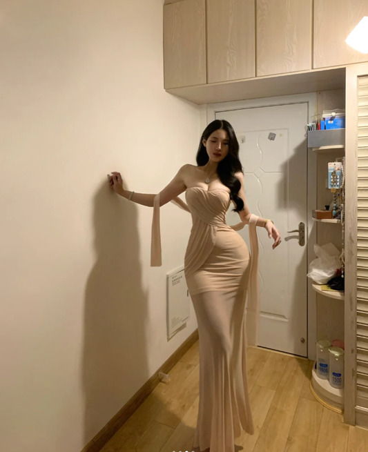 Sexy Strapless Chiffon Mermaid Long Party Gown Formal Guest Dress With Ribbon SP290