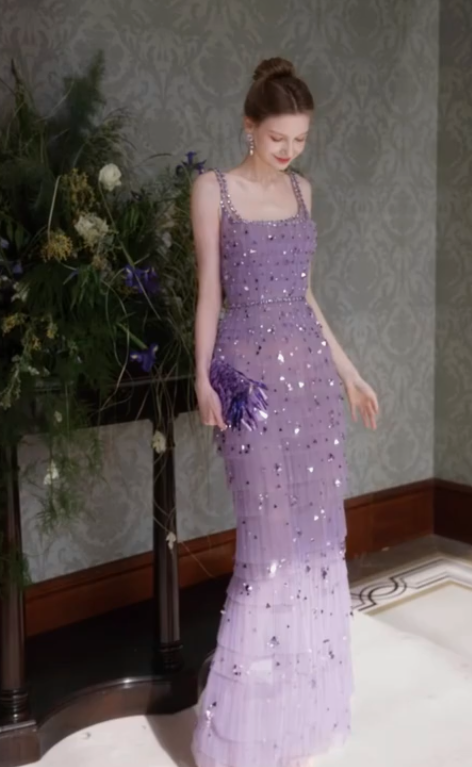 Sparkly Lilac Sequins Evening Dress,Long Tulle Layered Prom Dress Y8763