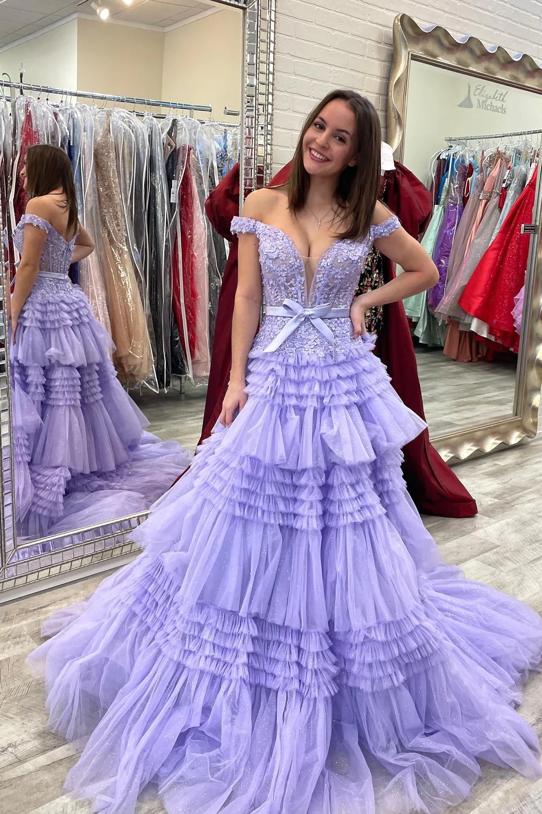 Pink Tulle Lace Off-the-Shoulder Ruffles Tiered Long Prom Dress Y2313