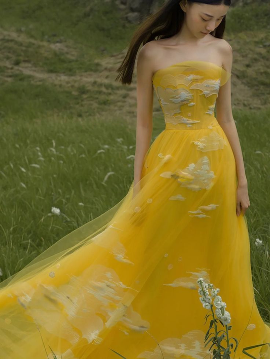 Classy Yellow Strapless Tulle Long Wedding Guest Evening Dress SP1191