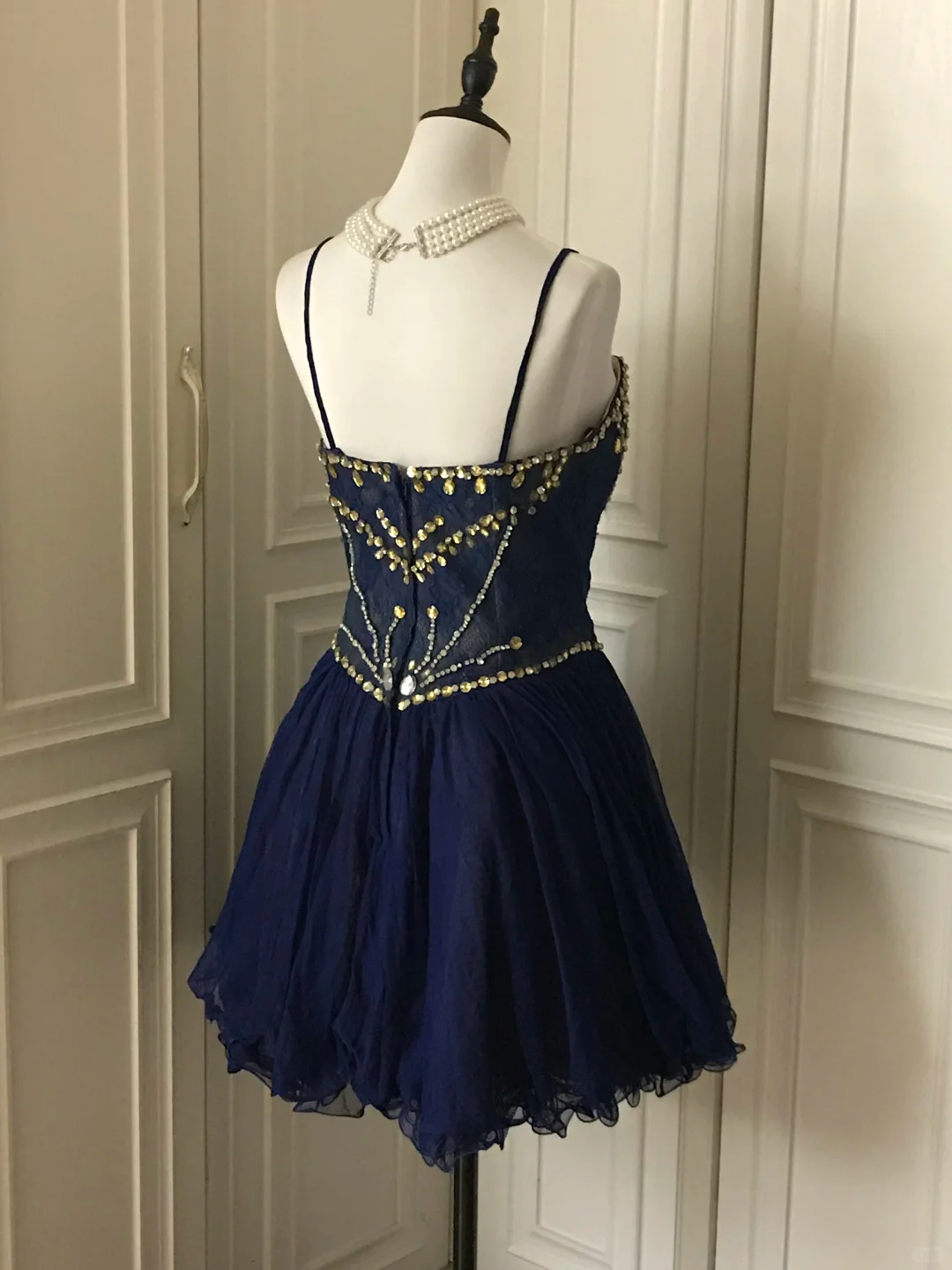Vintage Spaghetti Straps Lace Beaded Cocktail Dress Navy Blue Homecoming Dress Birthday Outfits Y9056