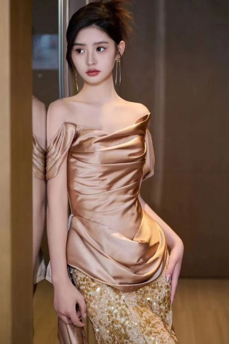 Elegant Gold Satin Sequin Strapless Mermaid Evening Dress Sparkly Prom Dress Y8716