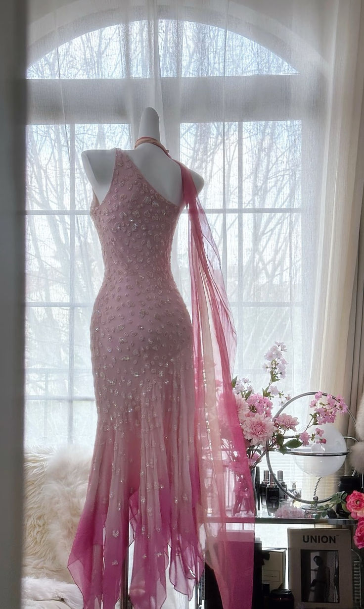 Vintage Pink Chiffon Beaded Mermaid Evening Dress Prom Dress Y8788