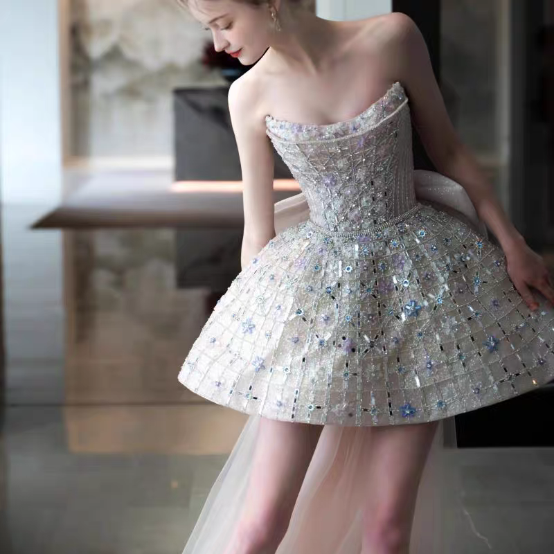 Pretty Strapless Pink Tulle Beaded Mini Birthday Dress Short Homecoming Dress With Bow Y9317